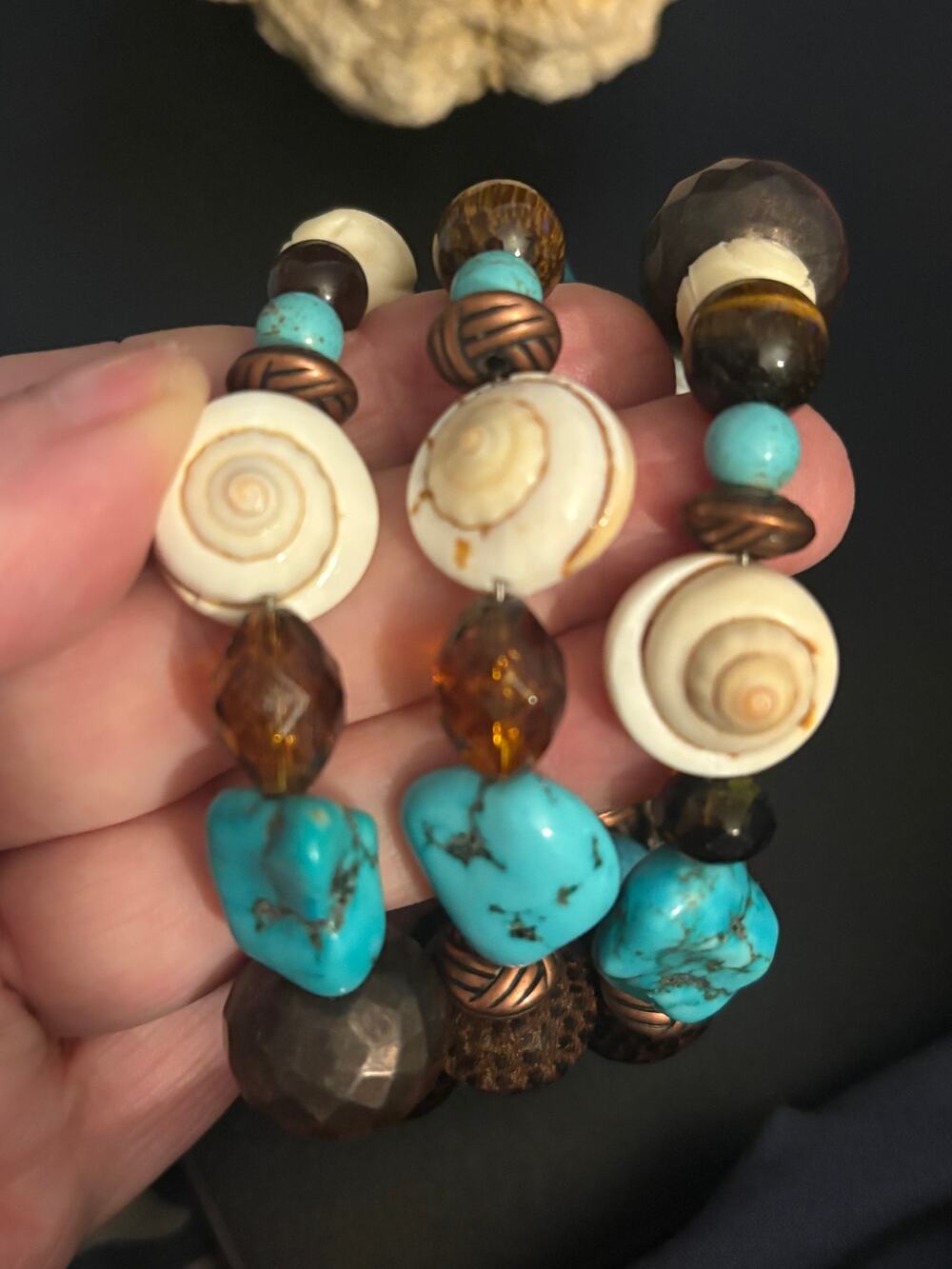 Vintage Genuine Shell & Stone Memory Wire Bracelet